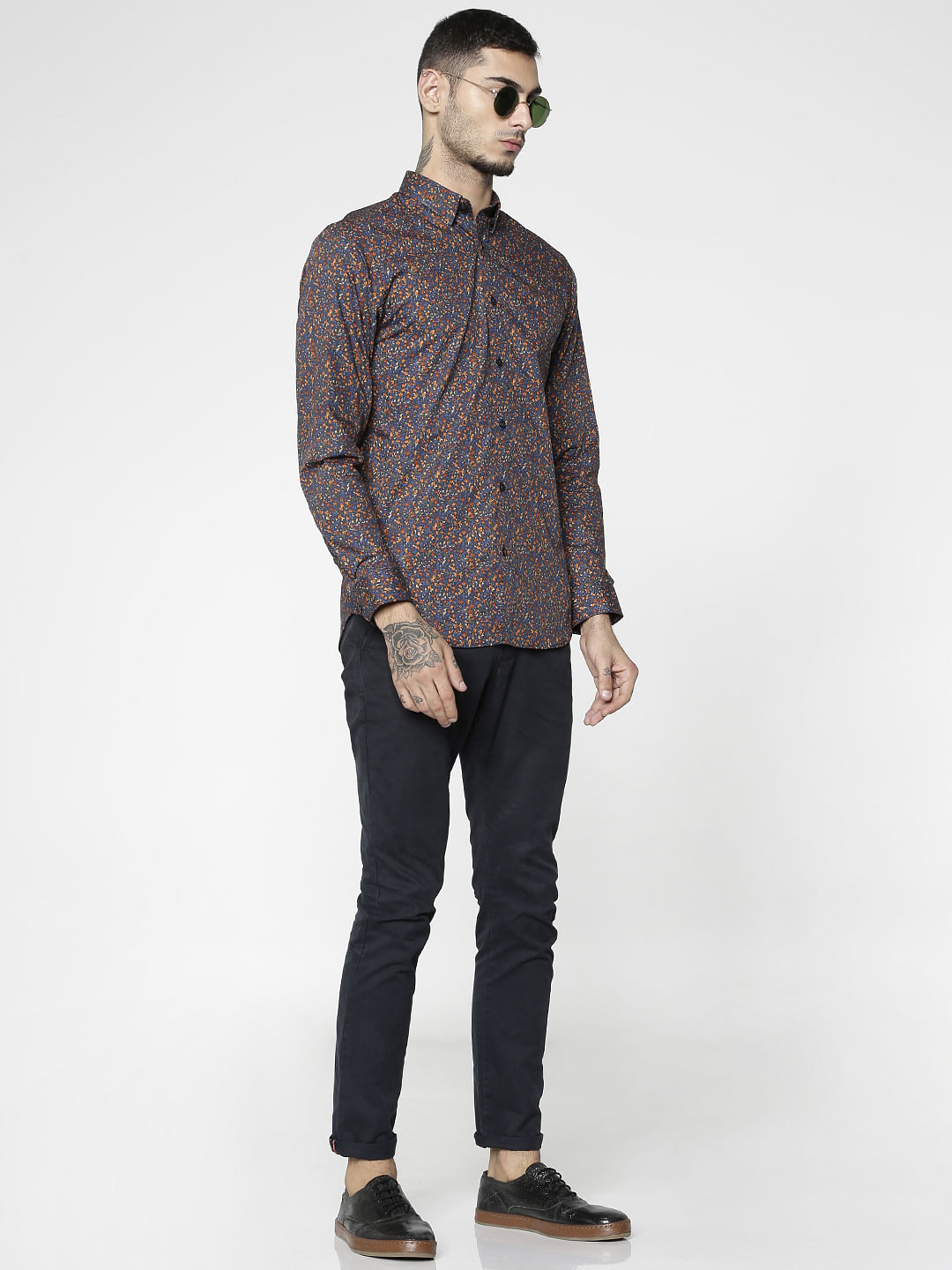 Blue All Over Floral Print Slim Fit Full Sleeves Shirt