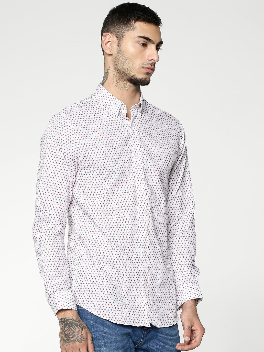 White Printed Slim Fit Full Sleeves Shirt