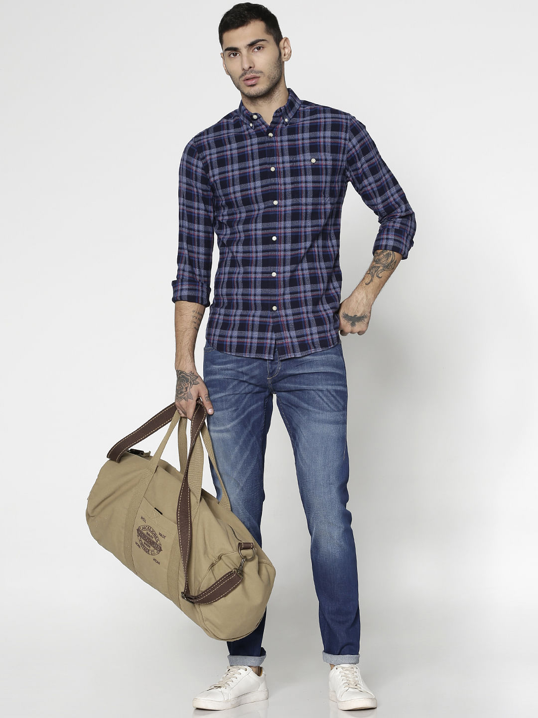 Blue Checks Patch Pocket Slim Fit Full Sleeves Shirt