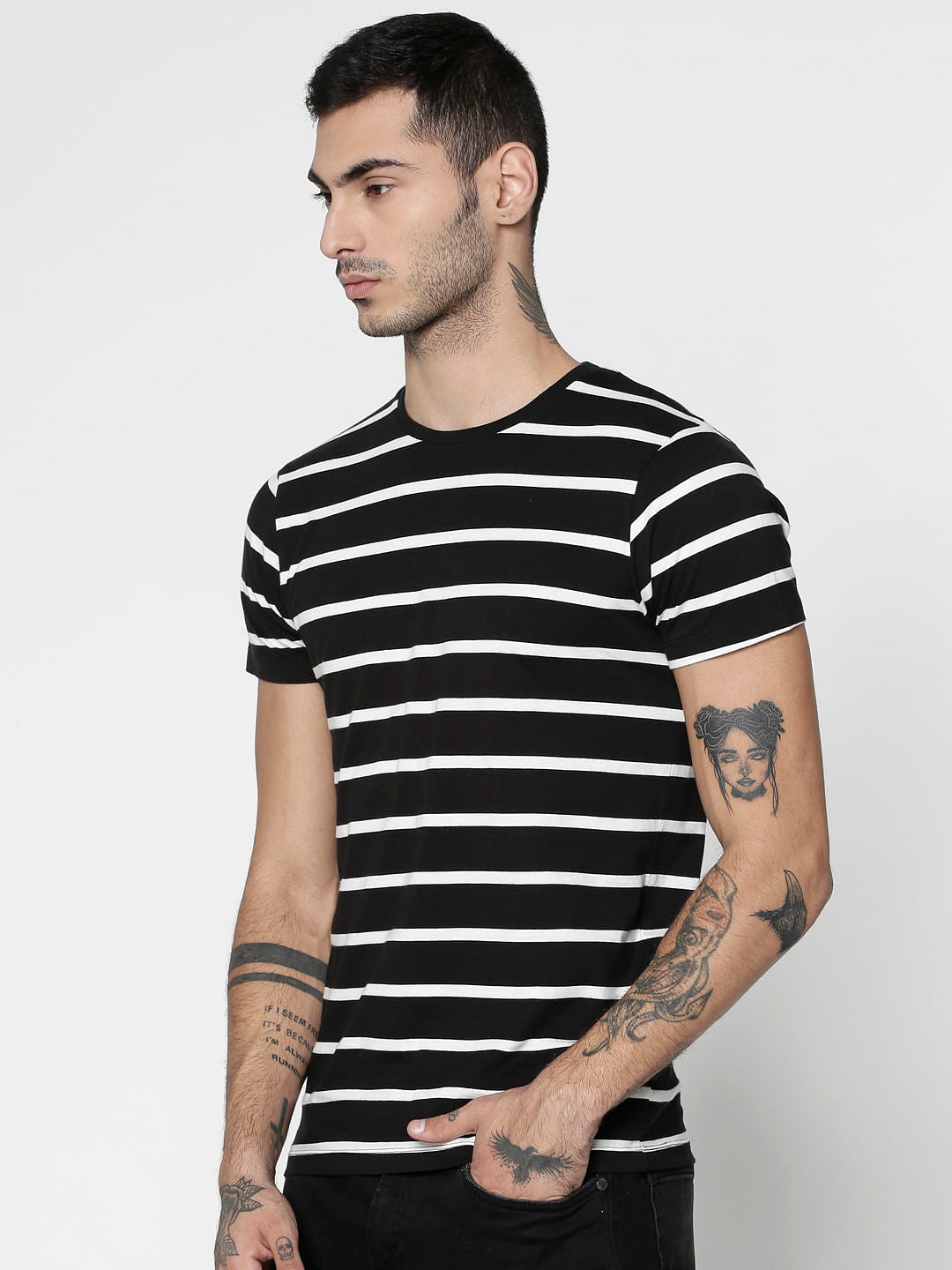 Black Striped Slim Fit Crew Neck T-Shirt