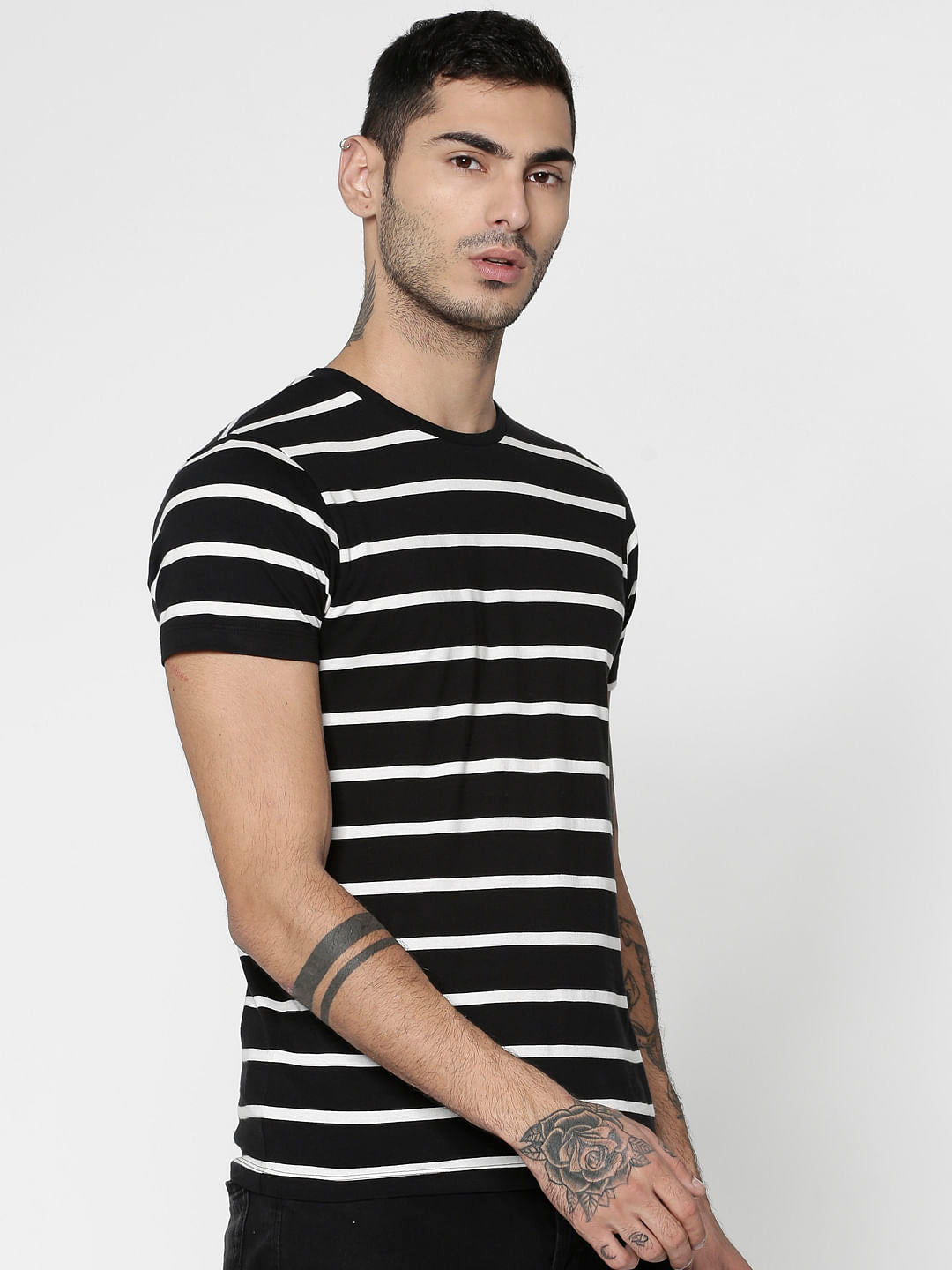 Black Striped Slim Fit Crew Neck T-Shirt