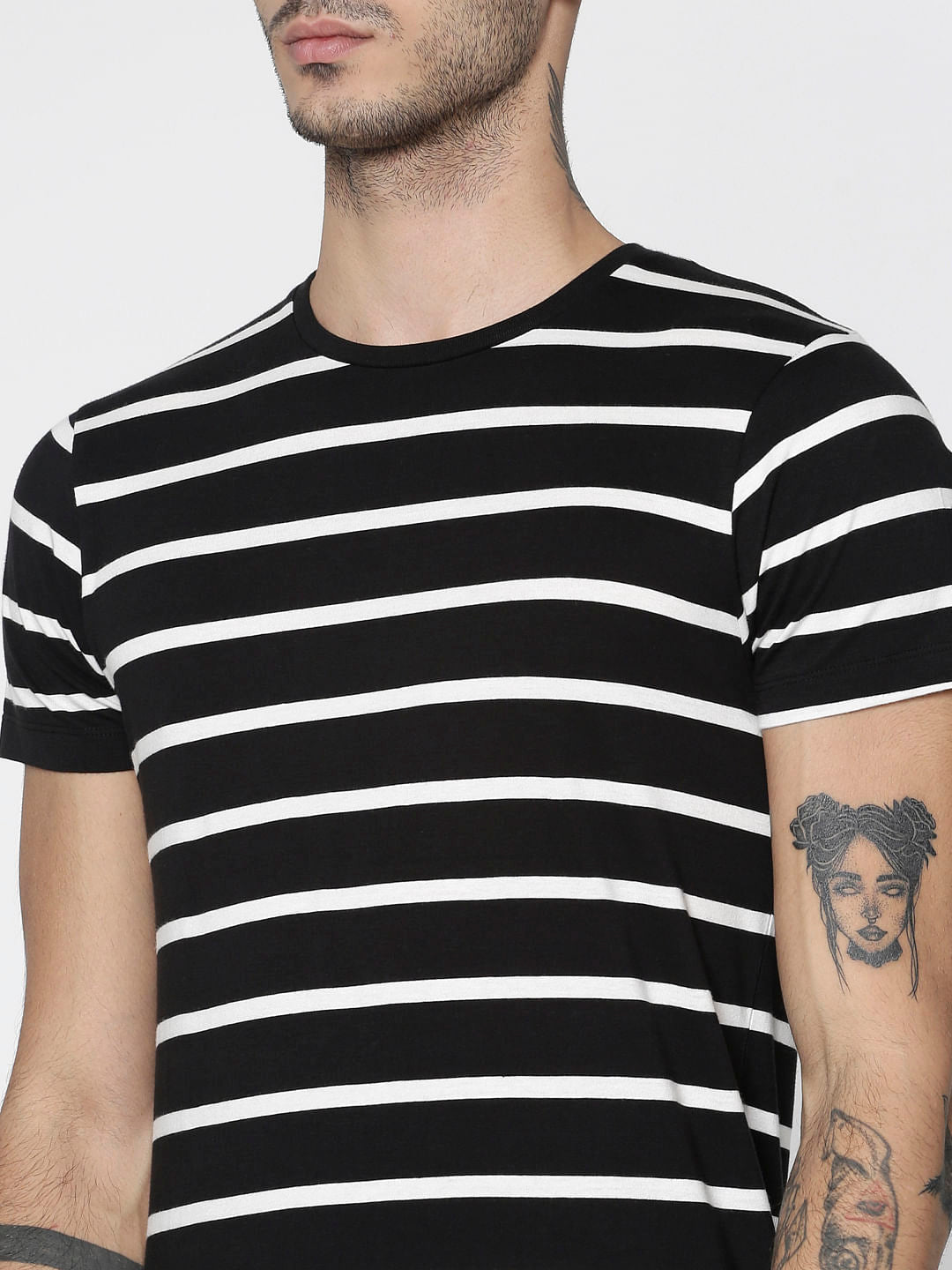 Black Striped Slim Fit Crew Neck T-Shirt