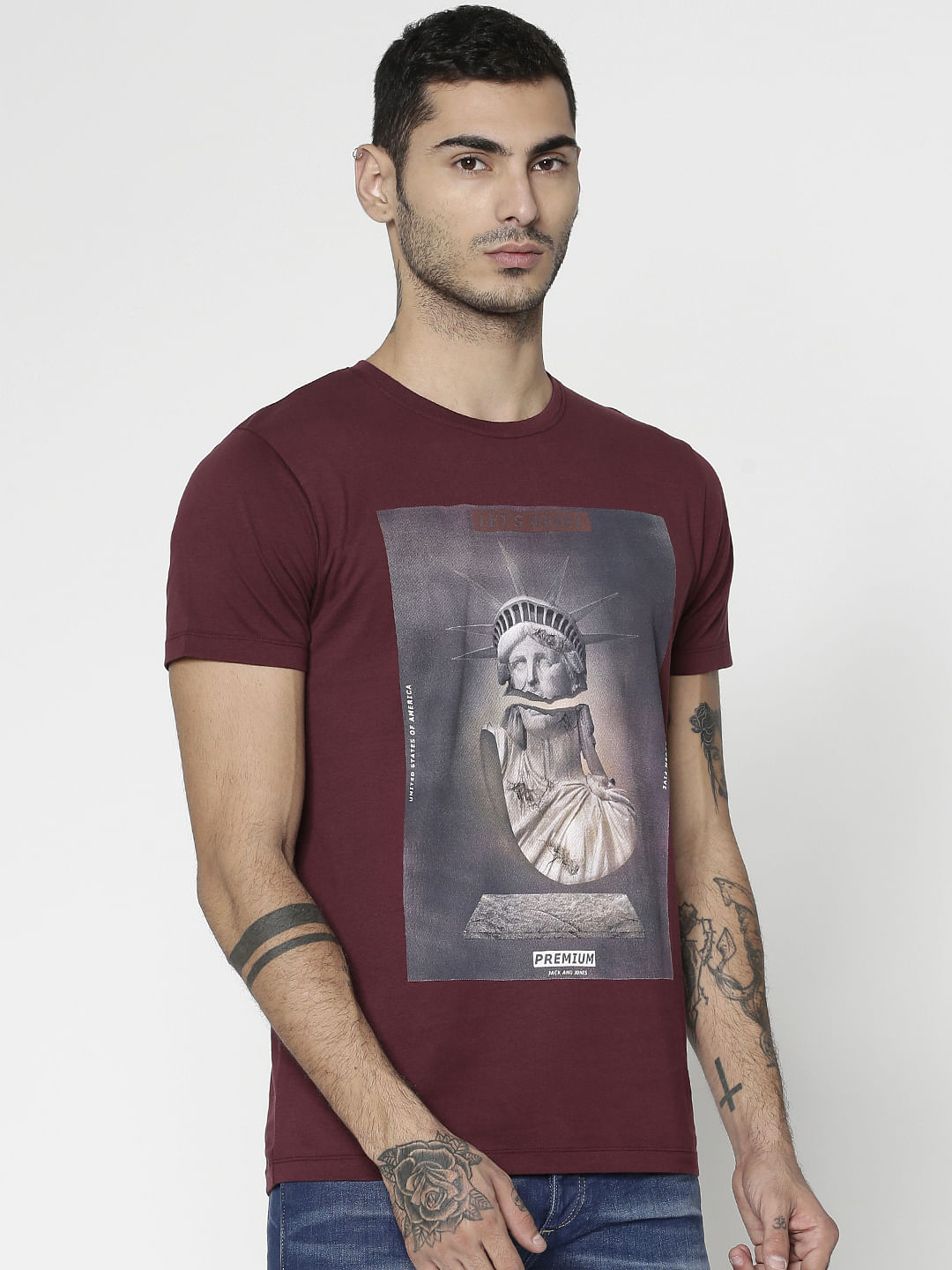 Burgundy Graphic Print Slim Fit Crew Neck T-Shirt