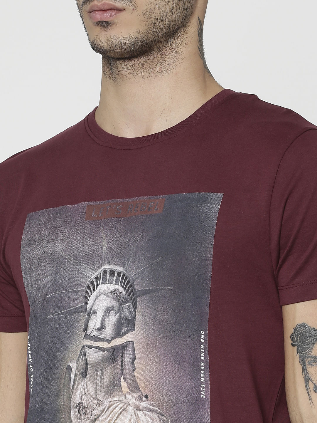 Burgundy Graphic Print Slim Fit Crew Neck T-Shirt