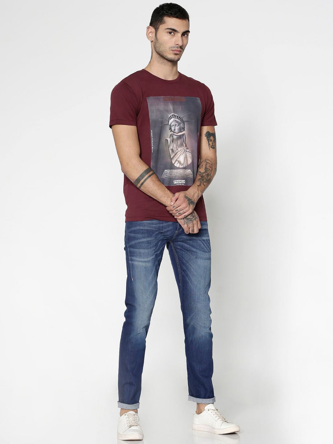 Burgundy Graphic Print Slim Fit Crew Neck T-Shirt