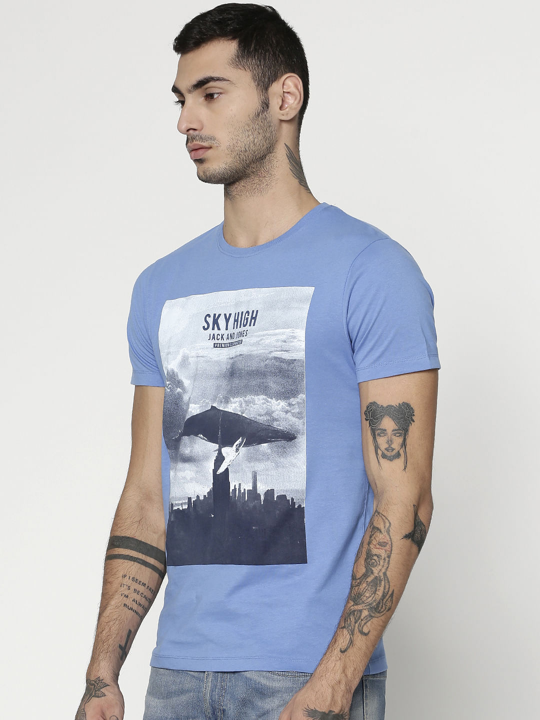 Blue Graphic Print Slim Fit Crew Neck T-Shirt