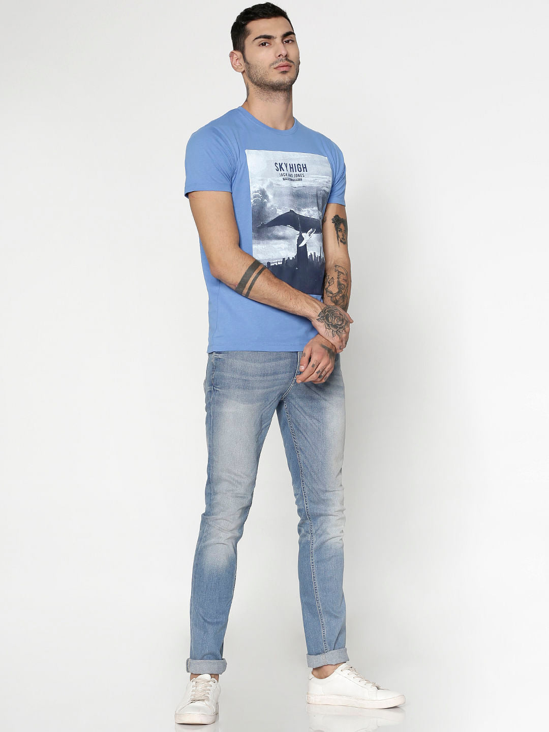 Blue Graphic Print Slim Fit Crew Neck T-Shirt