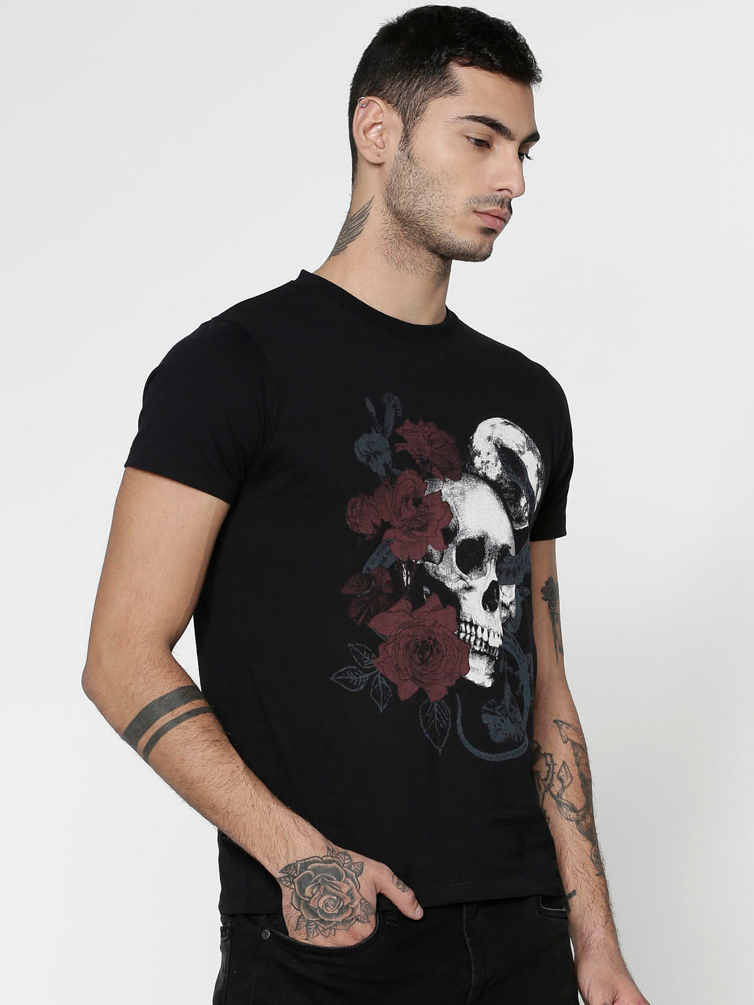 Black Graphic Print Slim Fit Crew Neck T-Shirt