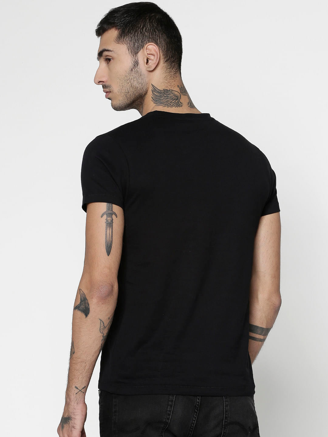 Black Graphic Print Slim Fit Crew Neck T-Shirt