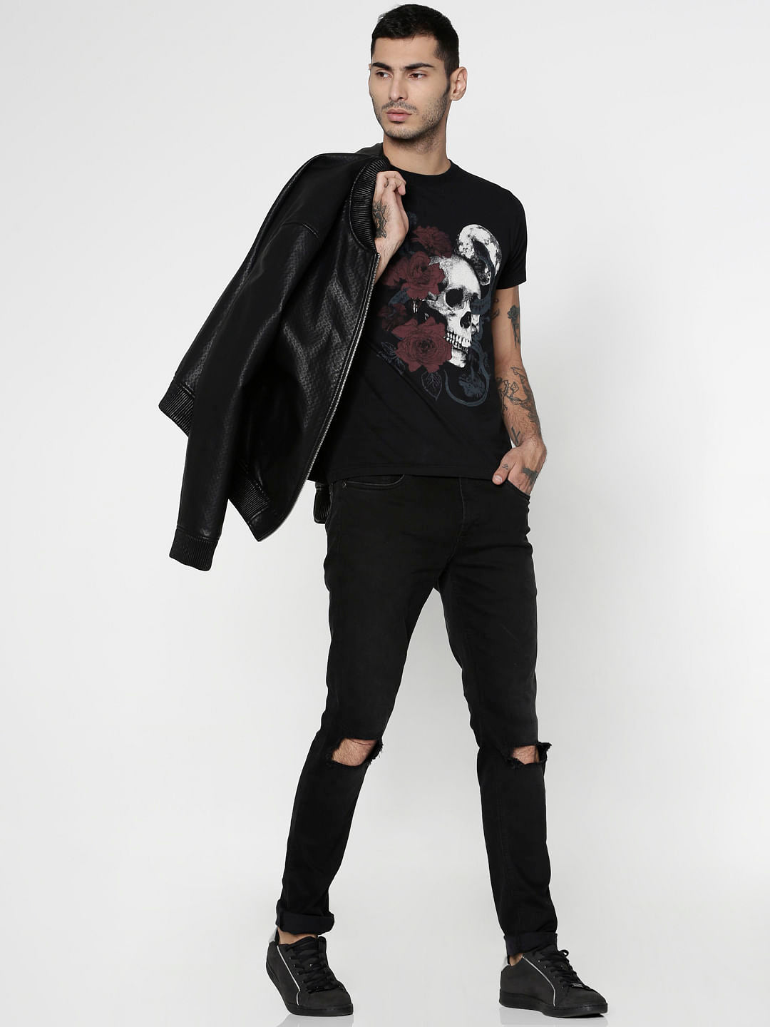 Black Graphic Print Slim Fit Crew Neck T-Shirt