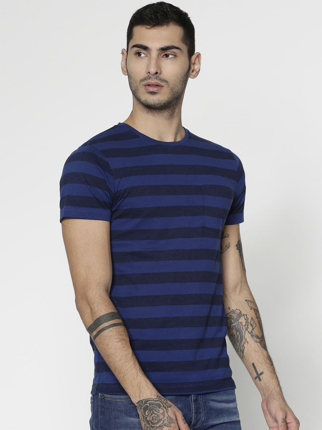 Blue Striped Slim Fit Crew Neck T-Shirt