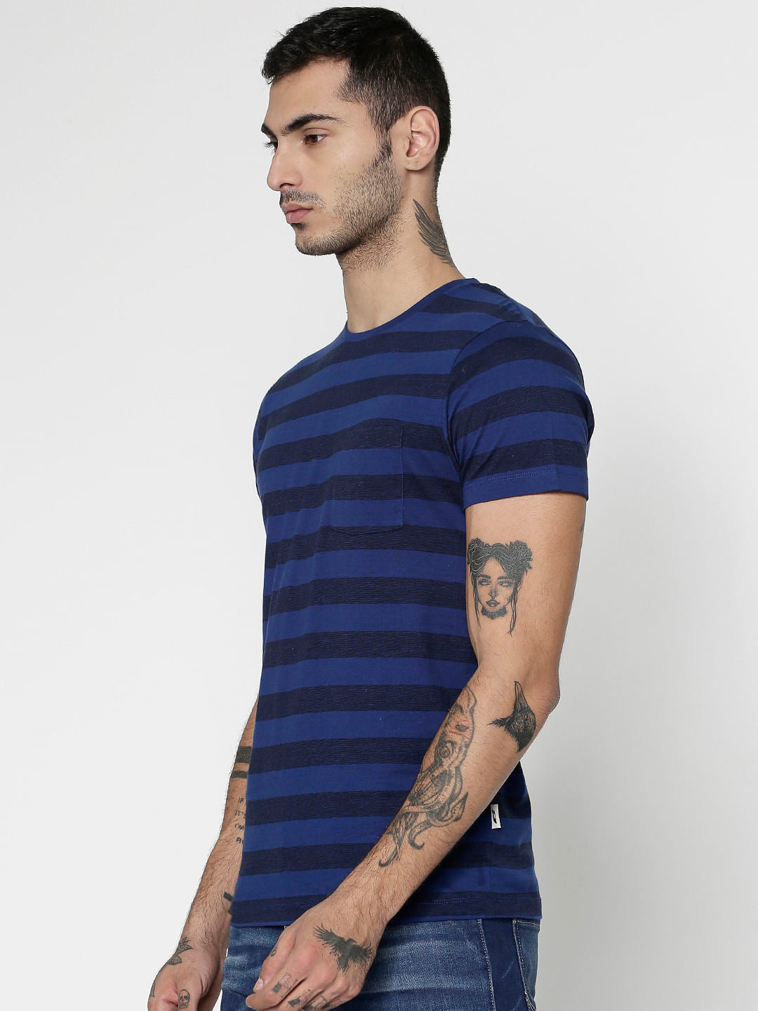 Blue Striped Slim Fit Crew Neck T-Shirt
