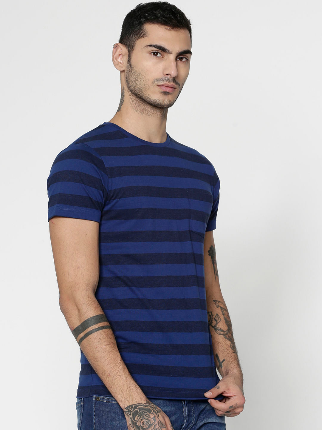 Blue Striped Slim Fit Crew Neck T-Shirt