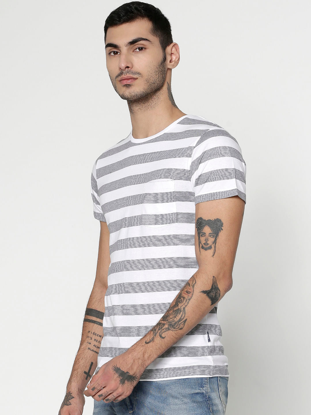 White Striped Slim Fit Crew Neck T-Shirt