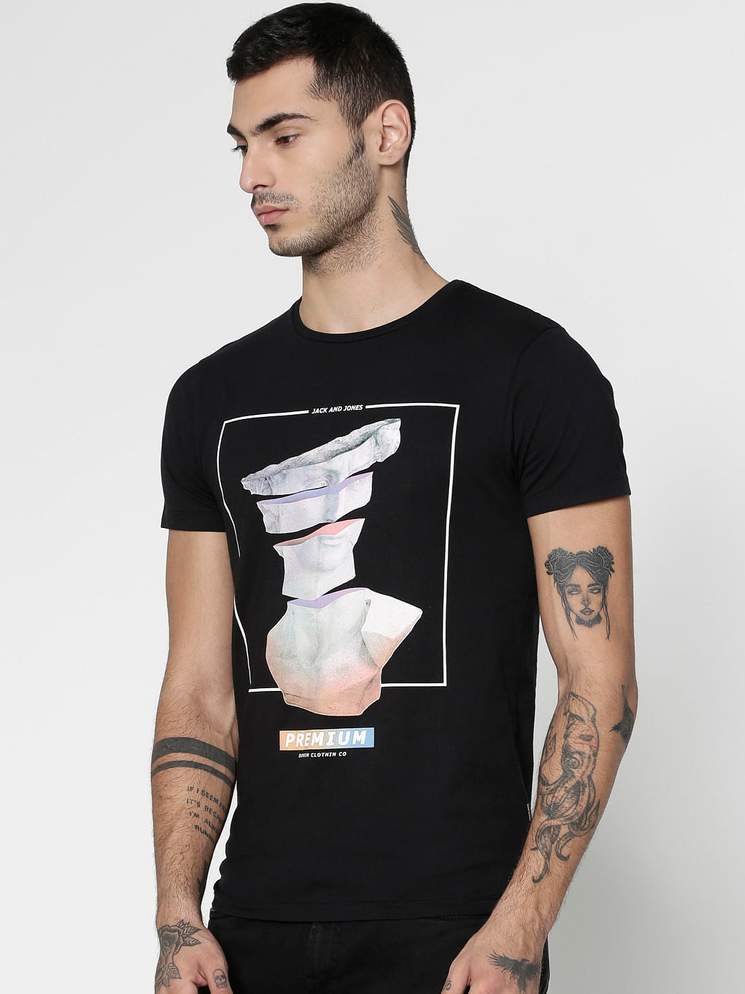Black Graphic Print Slim Fit Crew Neck T-Shirt