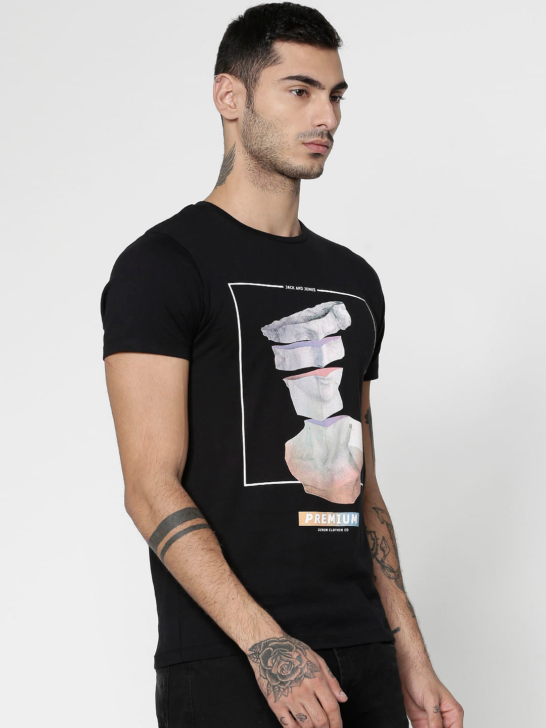 Black Graphic Print Slim Fit Crew Neck T-Shirt