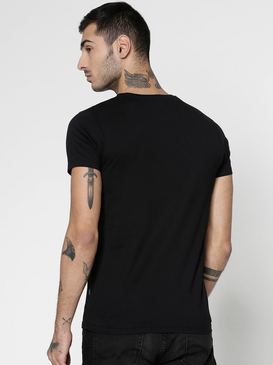 Black Graphic Print Slim Fit Crew Neck T-Shirt