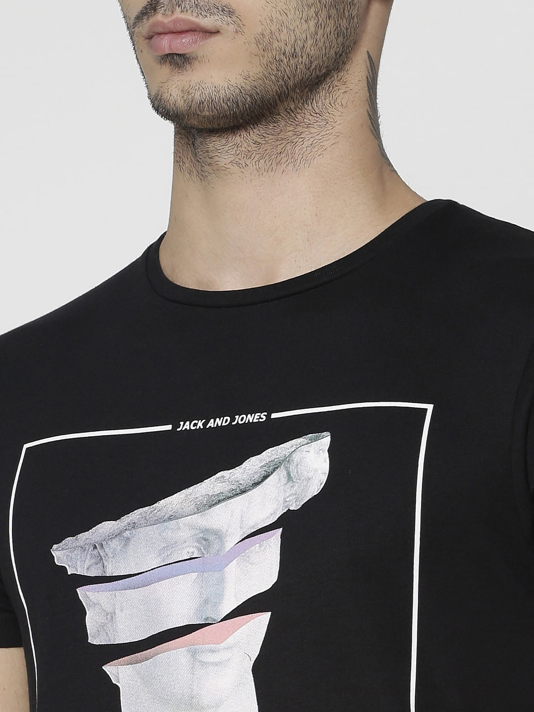 Black Graphic Print Slim Fit Crew Neck T-Shirt