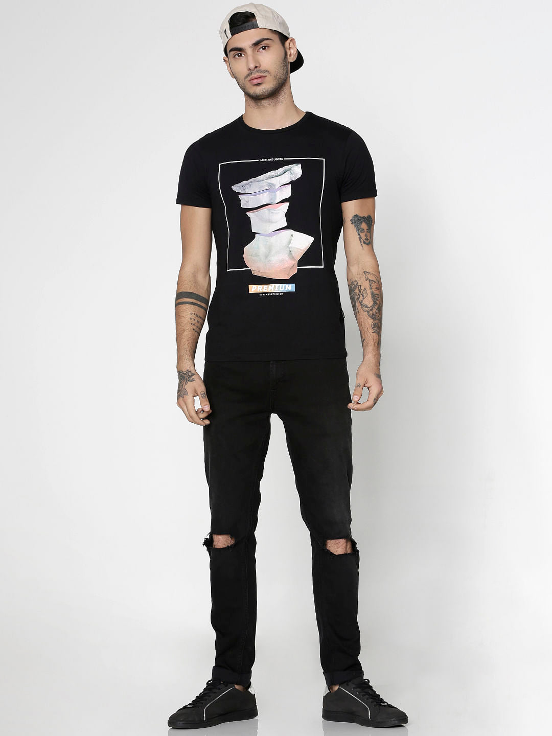 Black Graphic Print Slim Fit Crew Neck T-Shirt