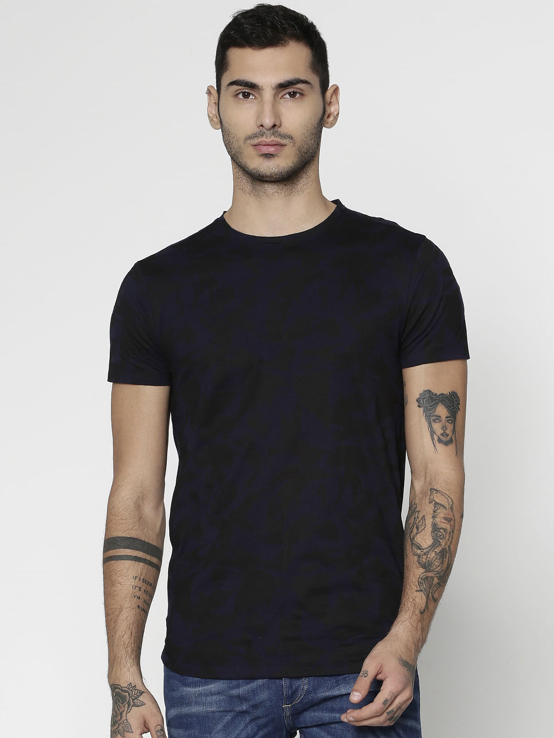 Blue All Over Printed Slim Fit Crew Neck T-Shirt