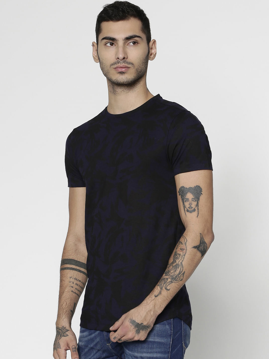 Blue All Over Printed Slim Fit Crew Neck T-Shirt
