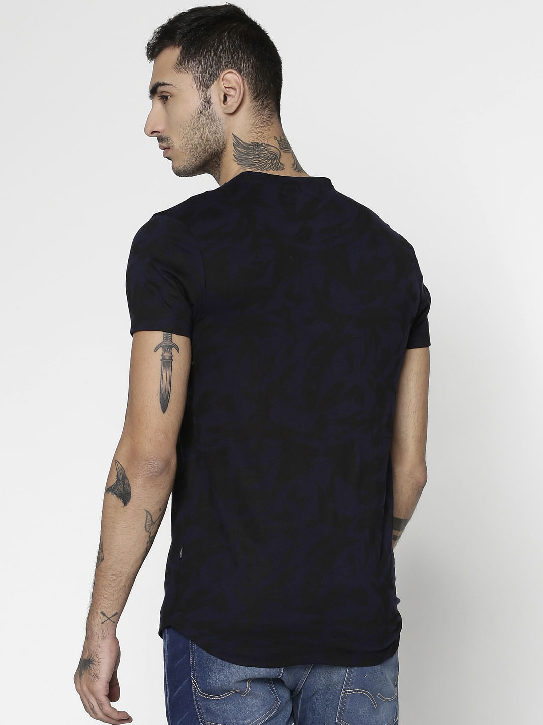 Blue All Over Printed Slim Fit Crew Neck T-Shirt