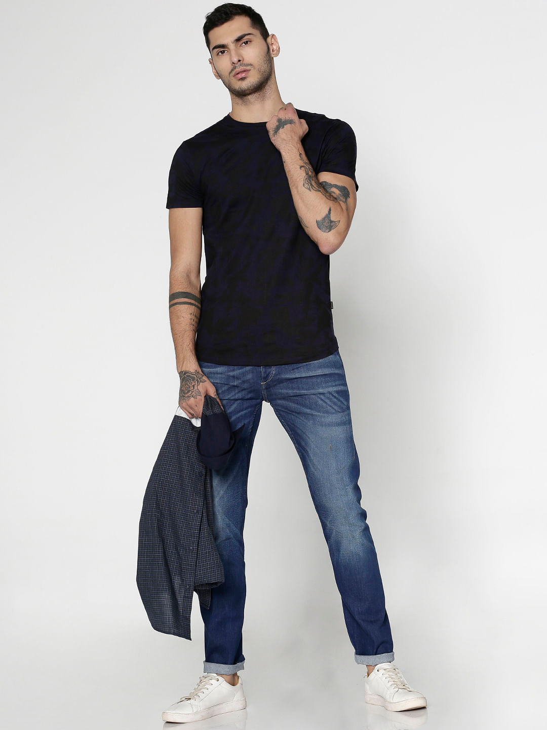 Blue All Over Printed Slim Fit Crew Neck T-Shirt