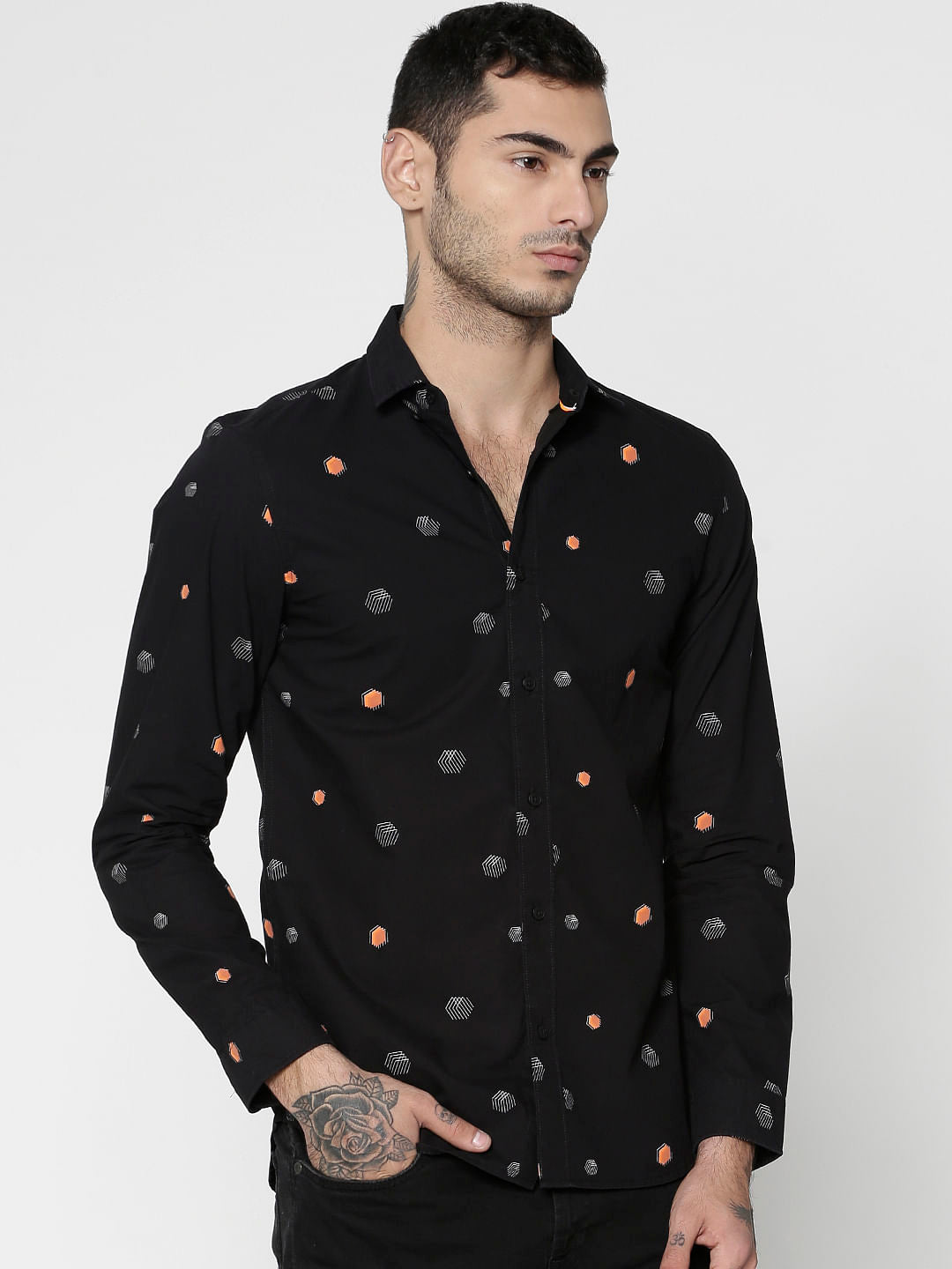 Black All Over Printed Slim Fit Full Sleeves Shirt