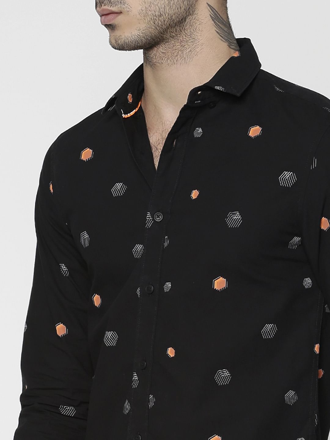 Black All Over Printed Slim Fit Full Sleeves Shirt