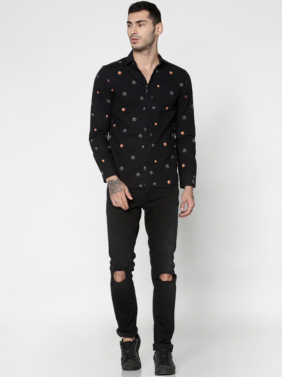 Black All Over Printed Slim Fit Full Sleeves Shirt