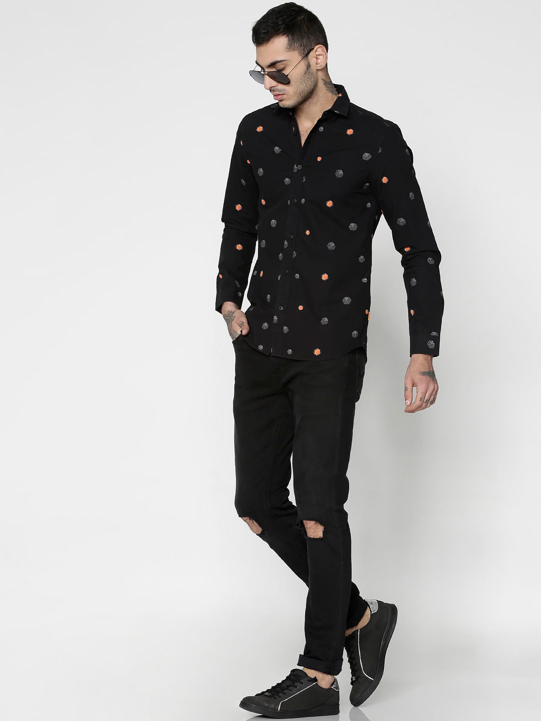 Black All Over Printed Slim Fit Full Sleeves Shirt