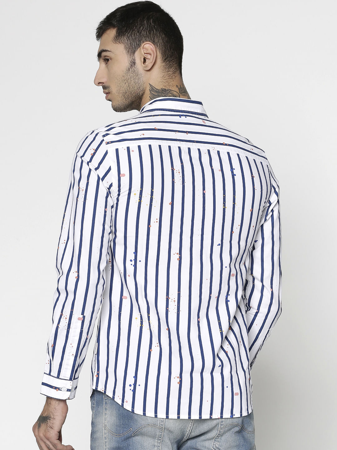 White Striped And Splash Print Slim Fit Full Sleeves Shirt