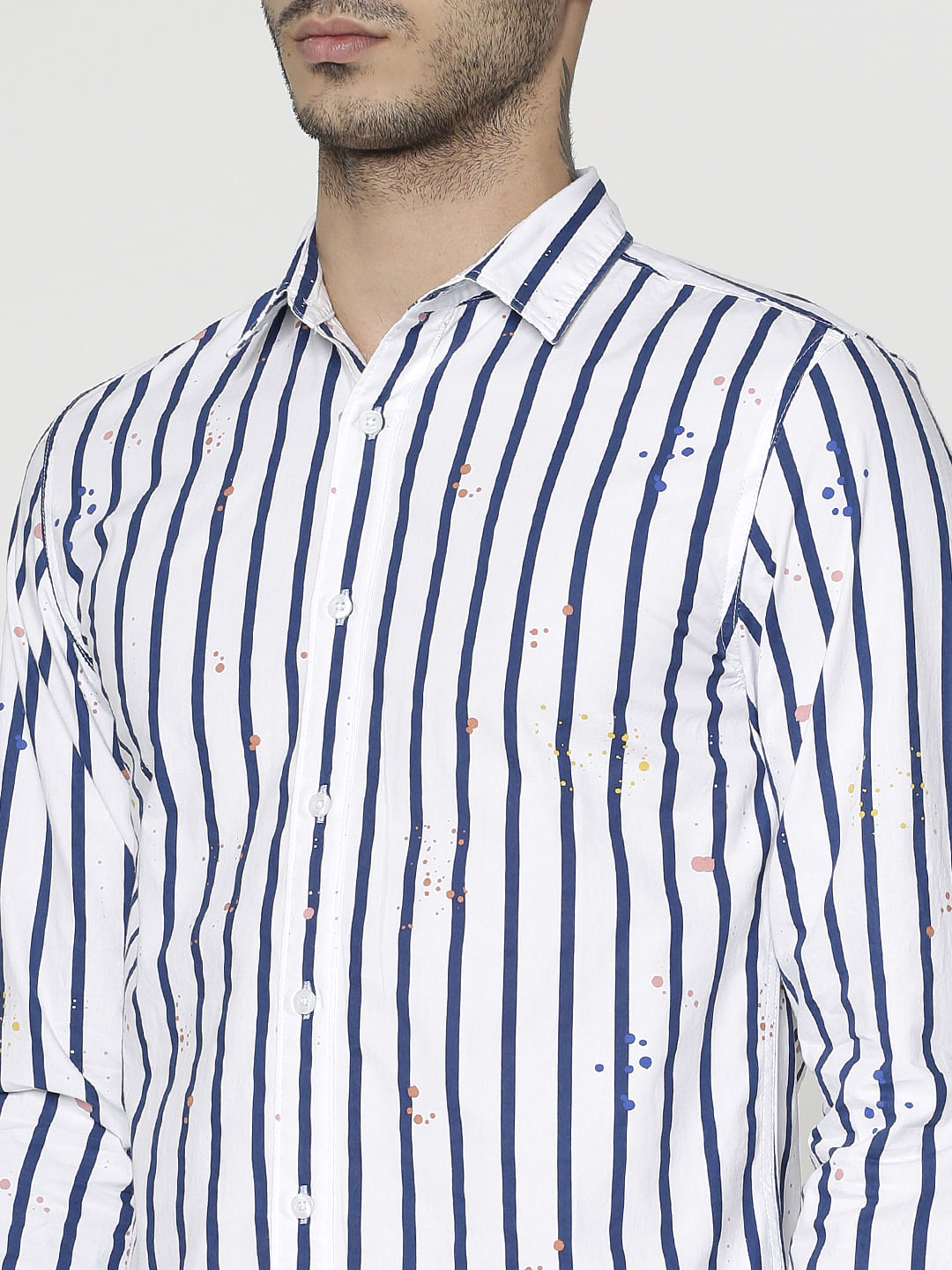 White Striped And Splash Print Slim Fit Full Sleeves Shirt