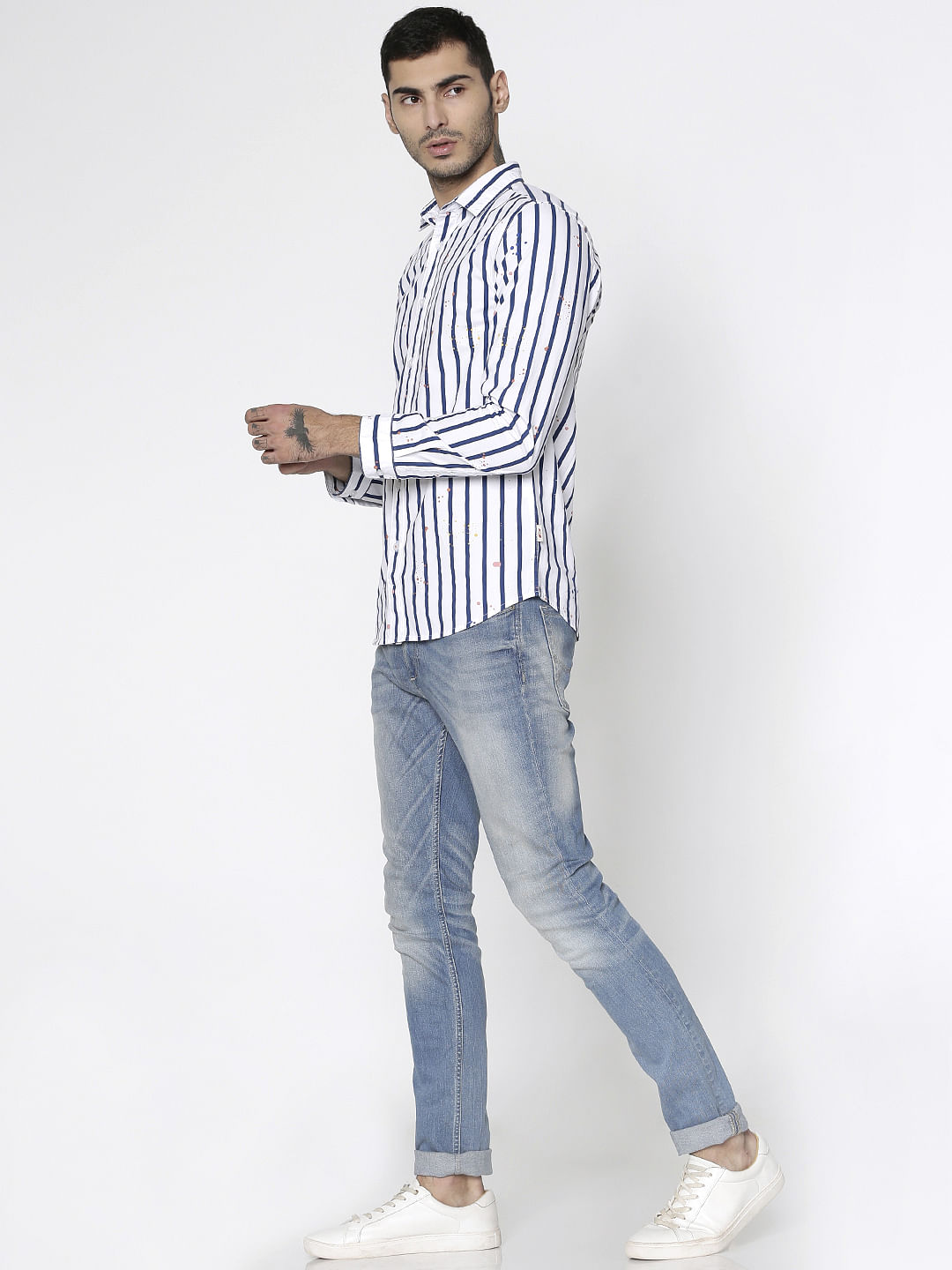 White Striped And Splash Print Slim Fit Full Sleeves Shirt