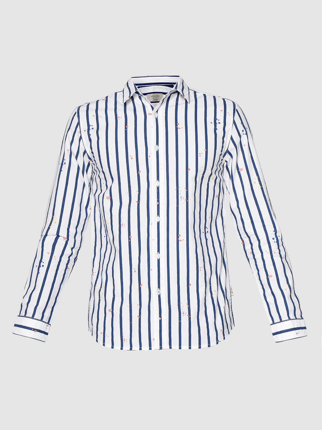 White Striped And Splash Print Slim Fit Full Sleeves Shirt