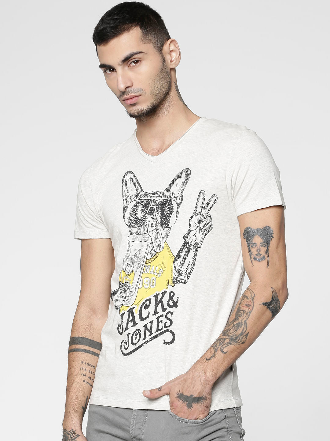 White Graphic Print Slim Fit V Neck T-Shirt