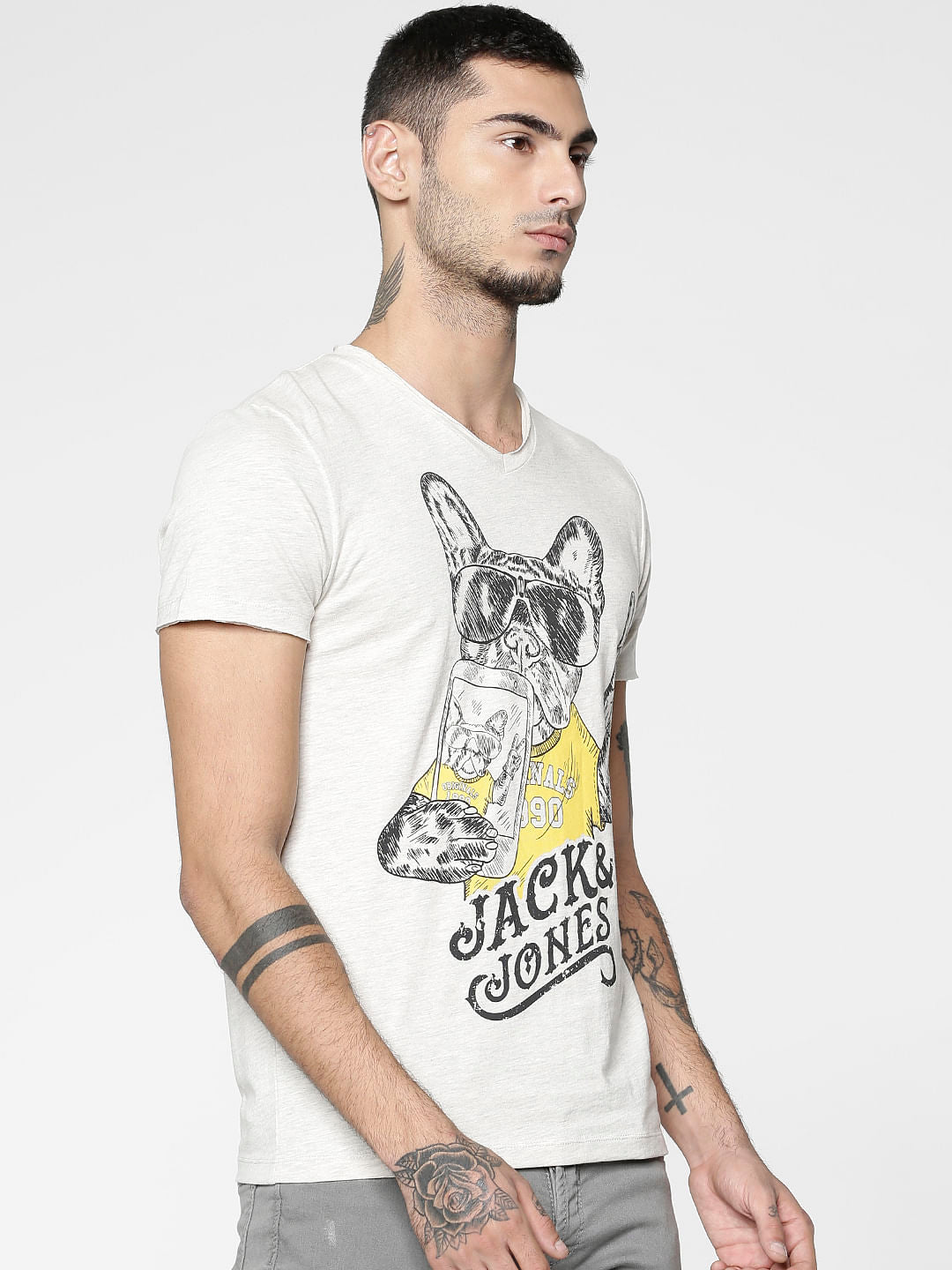 White Graphic Print Slim Fit V Neck T-Shirt