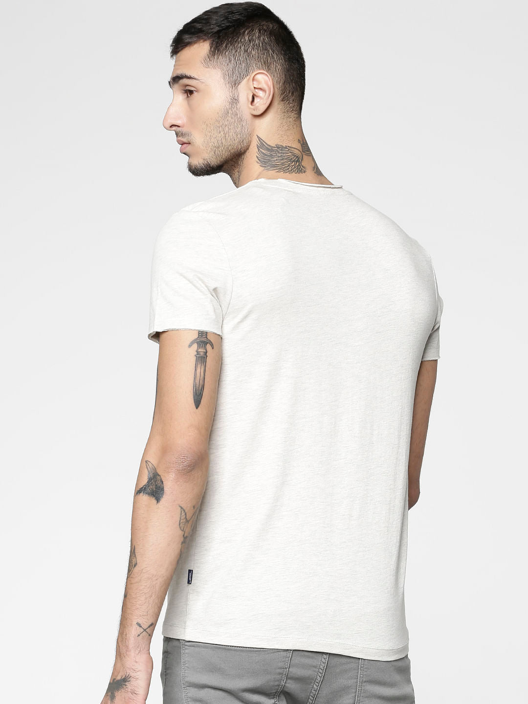 White Graphic Print Slim Fit V Neck T-Shirt