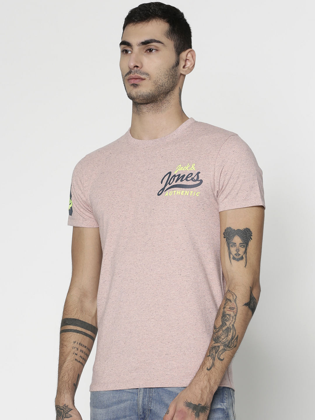 Pink Text Print Slim Fit Crew Neck T-Shirt
