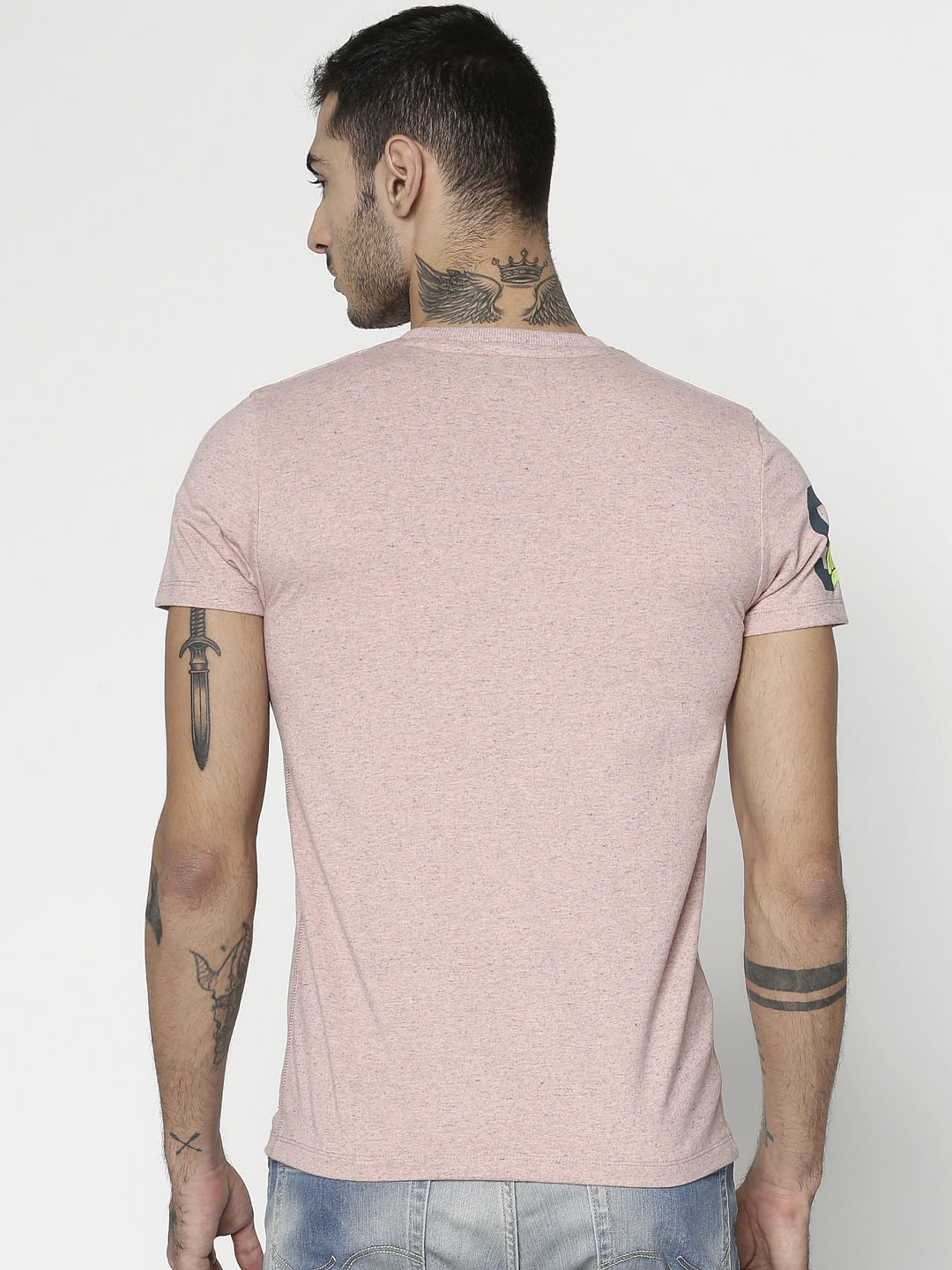 Pink Text Print Slim Fit Crew Neck T-Shirt