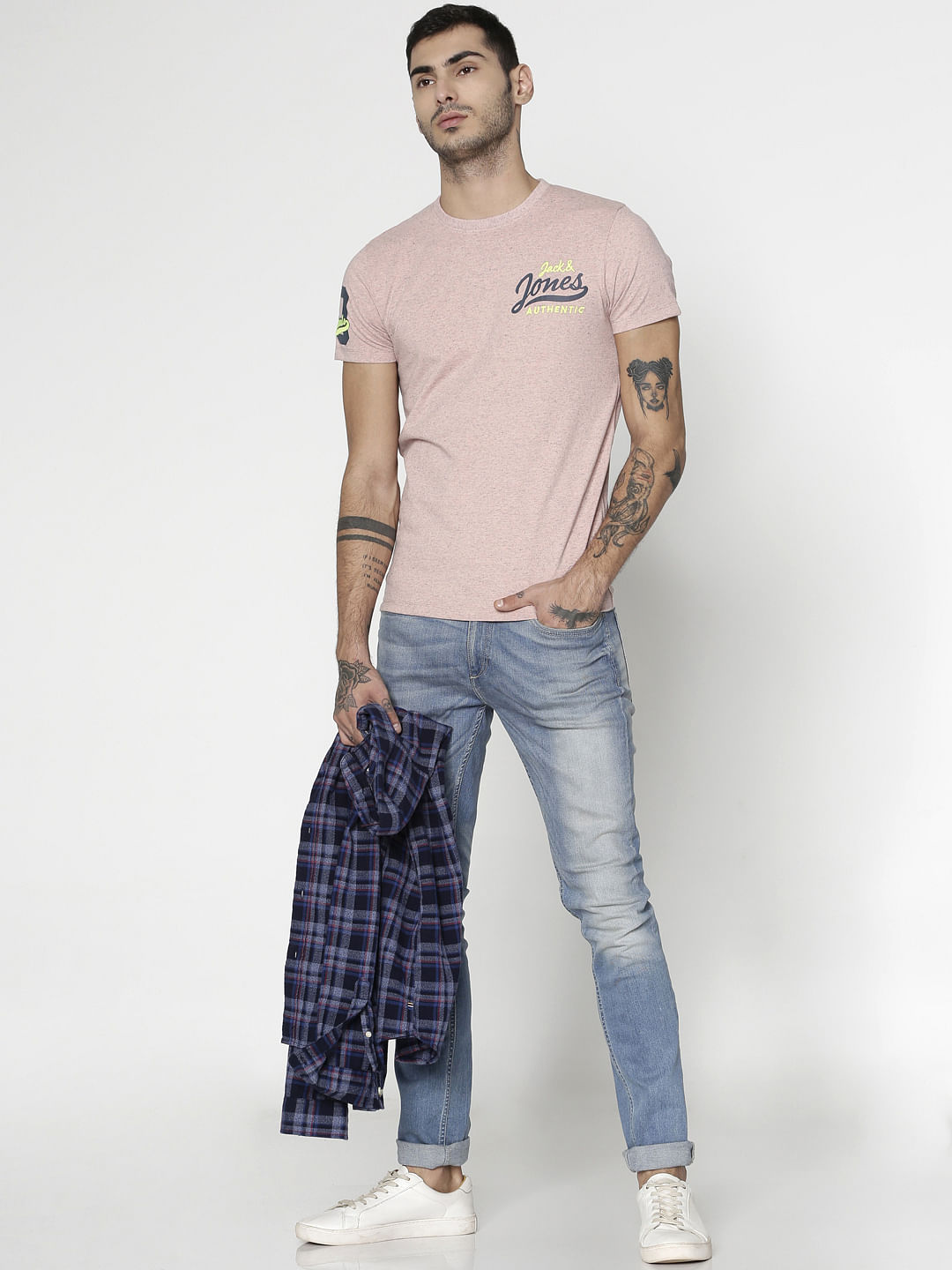 Pink Text Print Slim Fit Crew Neck T-Shirt