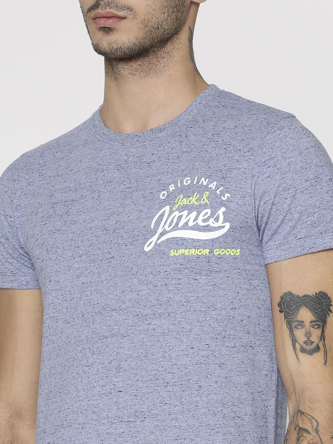 Blue Text Print Slim Fit Crew Neck T-Shirt