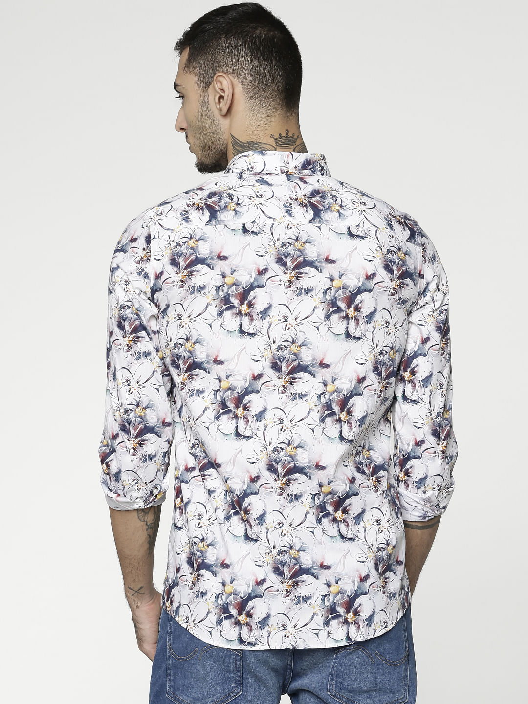 White All Over Floral Print Slim Fit Full Sleeves Shirt