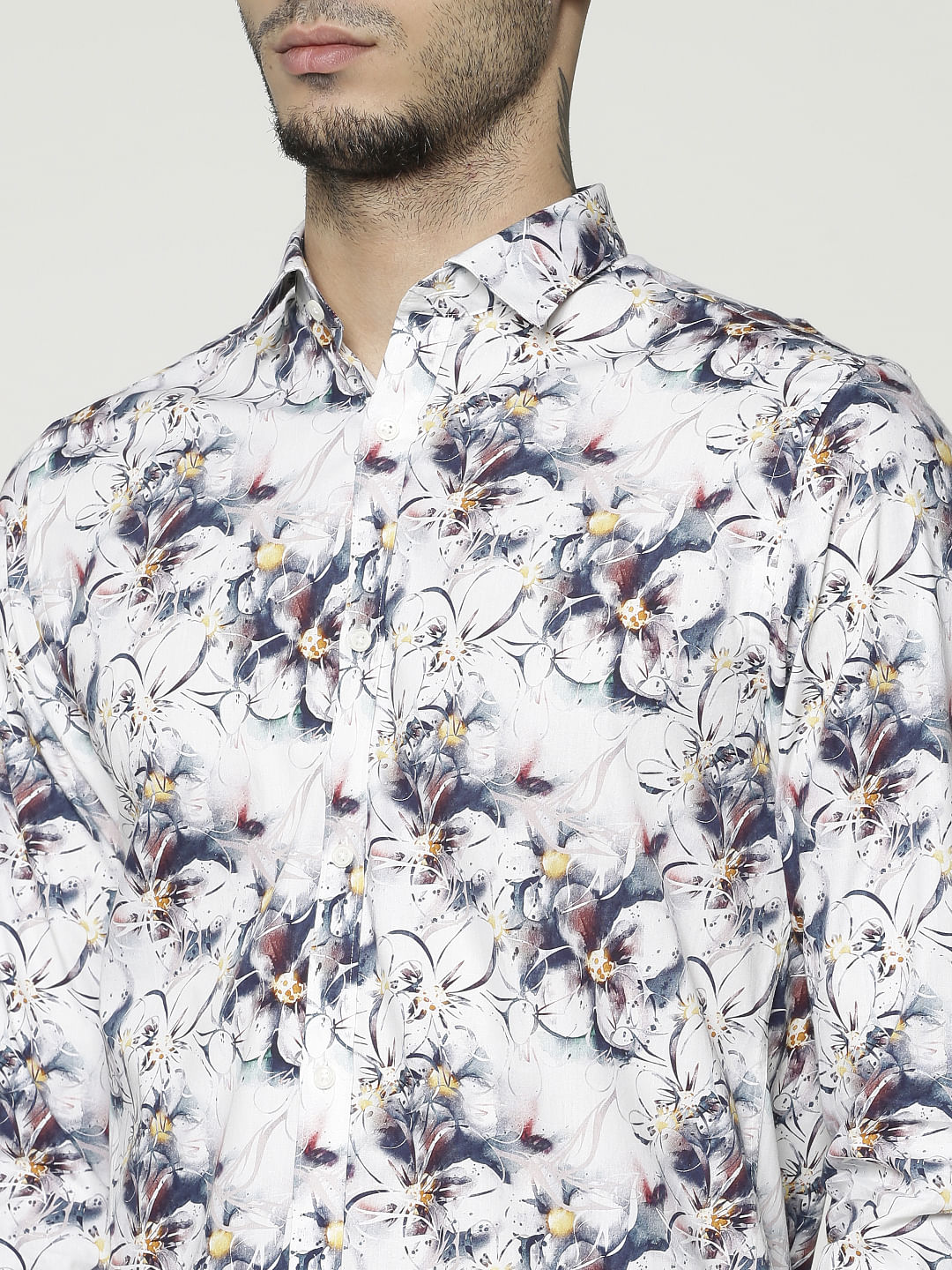 White All Over Floral Print Slim Fit Full Sleeves Shirt
