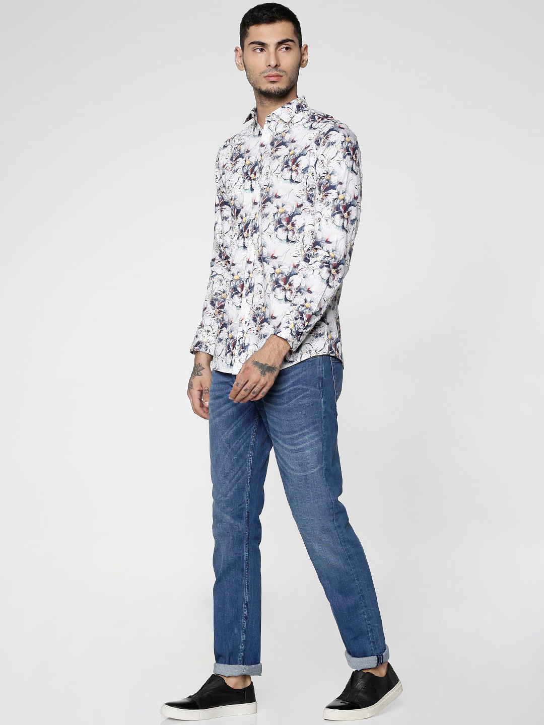 White All Over Floral Print Slim Fit Full Sleeves Shirt