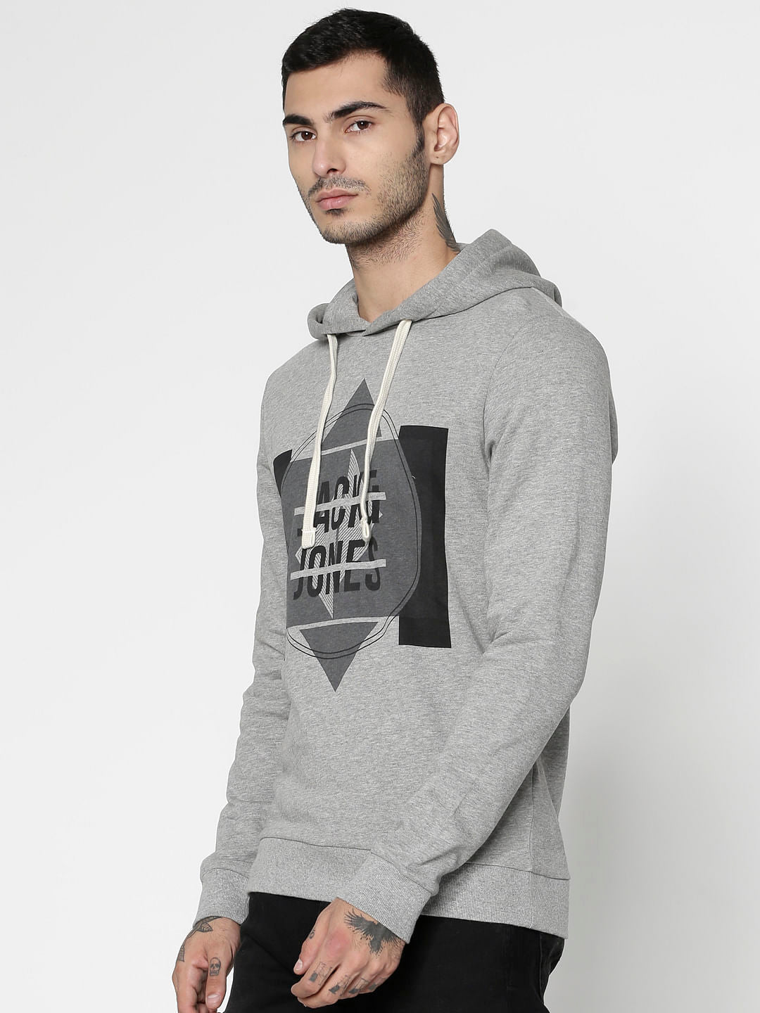 Grey Graphic Print Hooded Sweatshirt