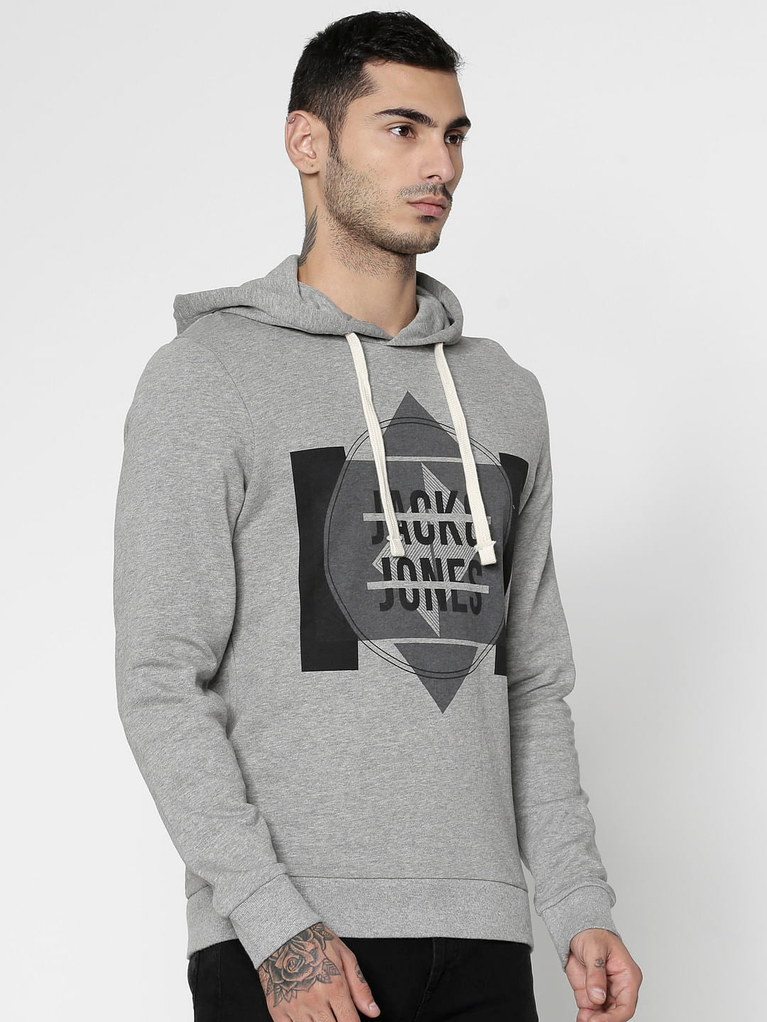 Grey Graphic Print Hooded Sweatshirt