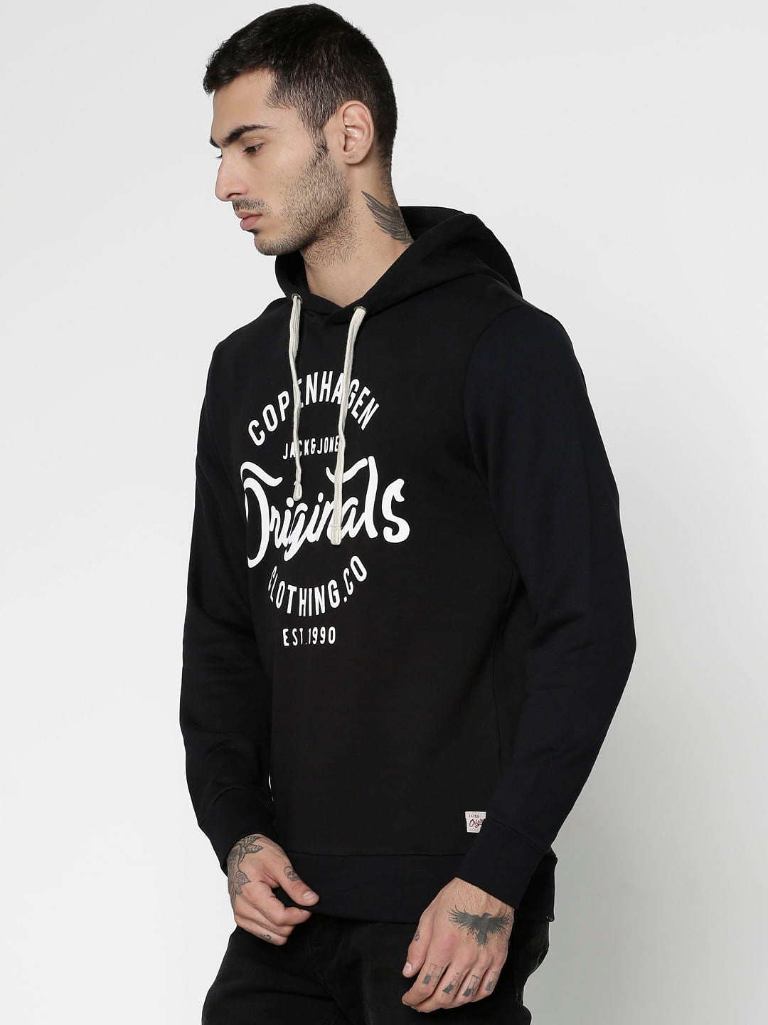 Black Text Print Hooded Sweatshirt