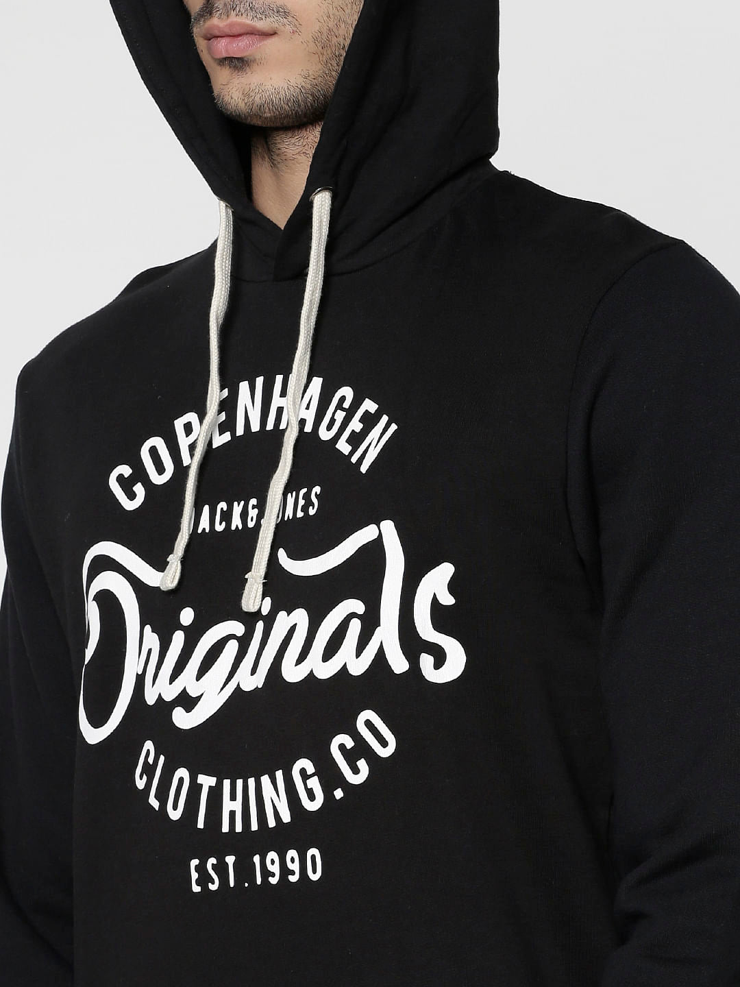 Black Text Print Hooded Sweatshirt