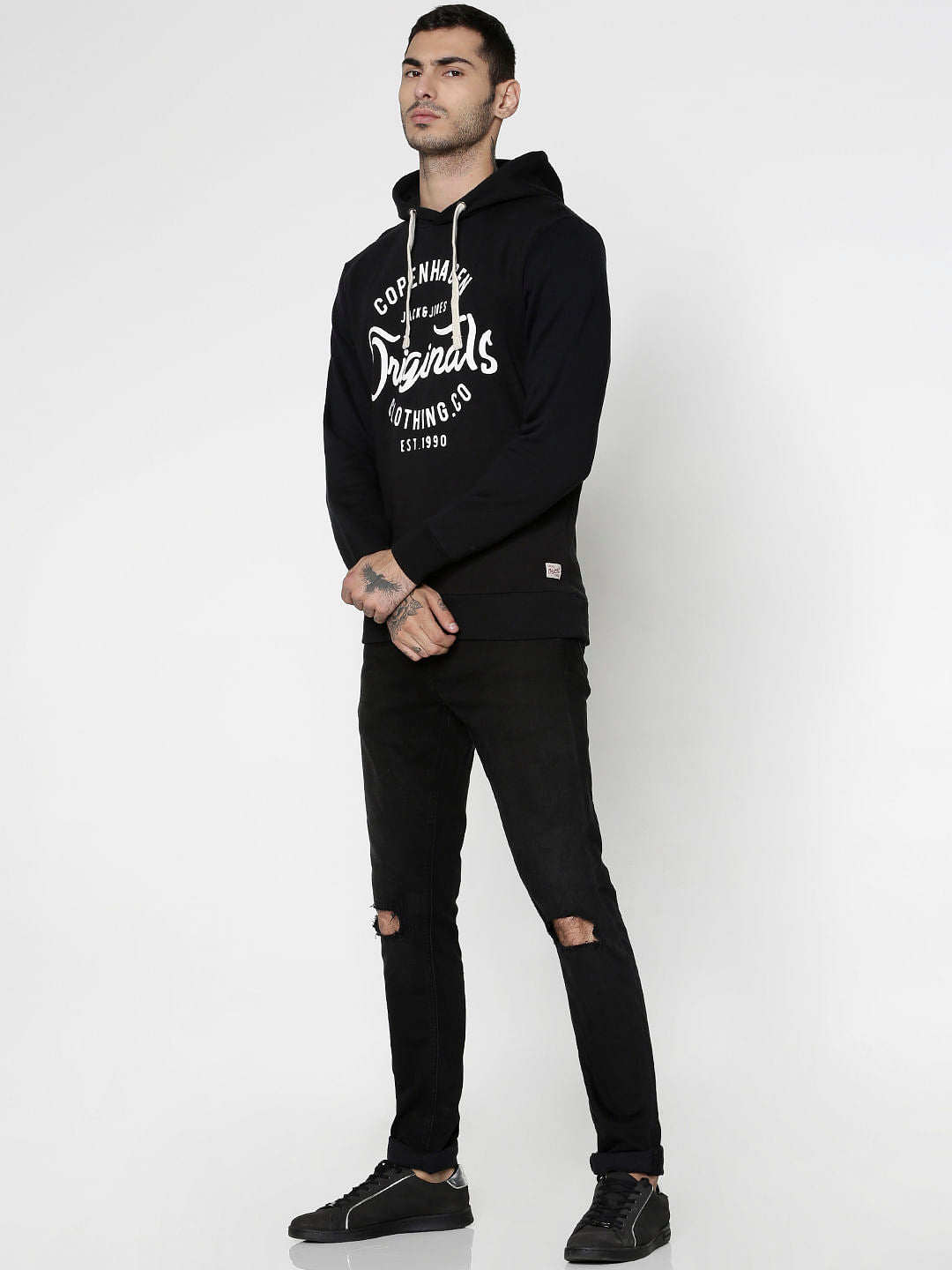 Black Text Print Hooded Sweatshirt